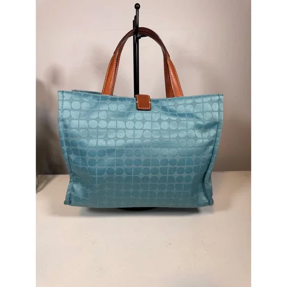 Kate Spade New York Aqua Blue Dot Noel Jacquard Tote Bag with Tan Leather Trim - Picture 2 of 7